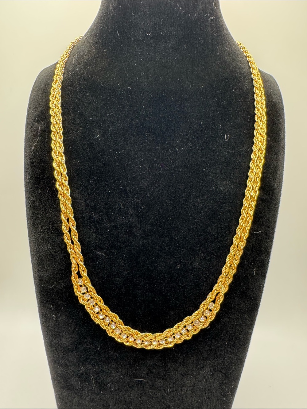 Gold-Tone Double Rope Chain Rhinestone Necklace